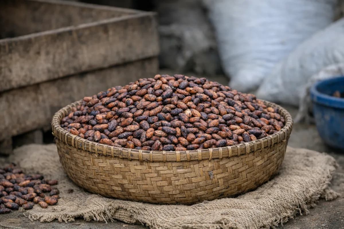 Macro close-up of Sulawesi fermented cocoa beans on a woven bamboo tray showing brown, slaty, and mouldy beans.