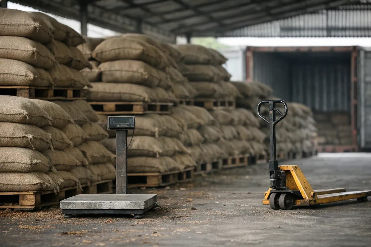 我方 Makassar 出口仓库内堆放的 60 kg 黄麻袋托盘与闲置台秤,用于 1 × 20 ft FCL 装运准备和出口单证检查。